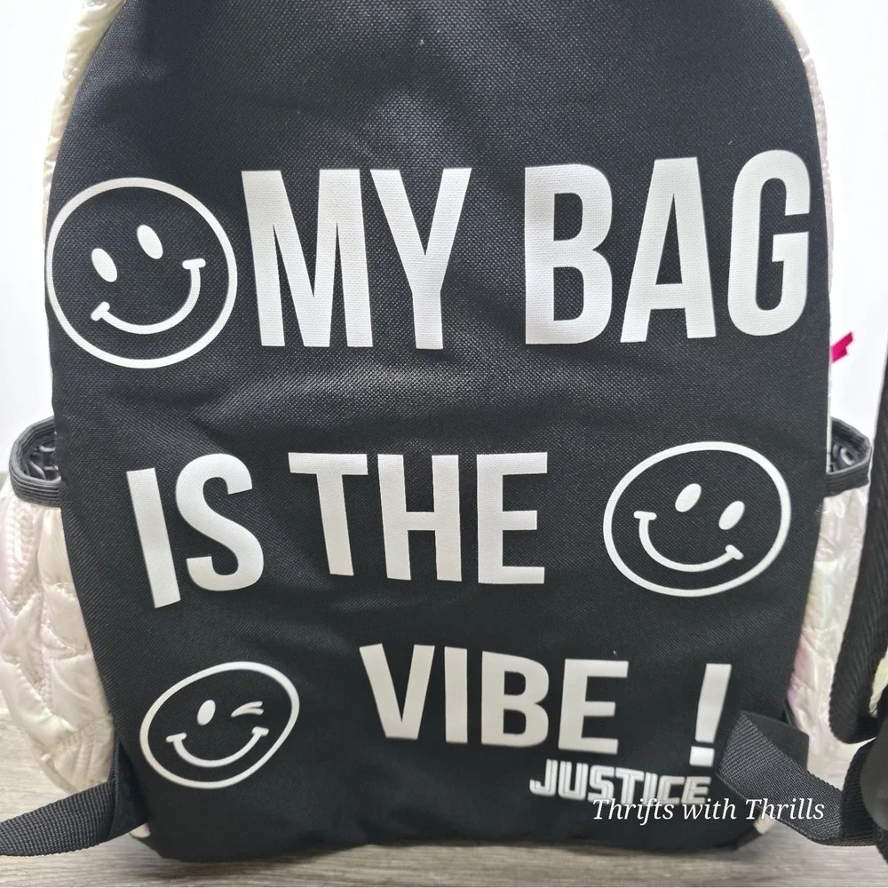 Justice Iridescent White Puffy Star Backpack with Lunch Box and Charm 17in